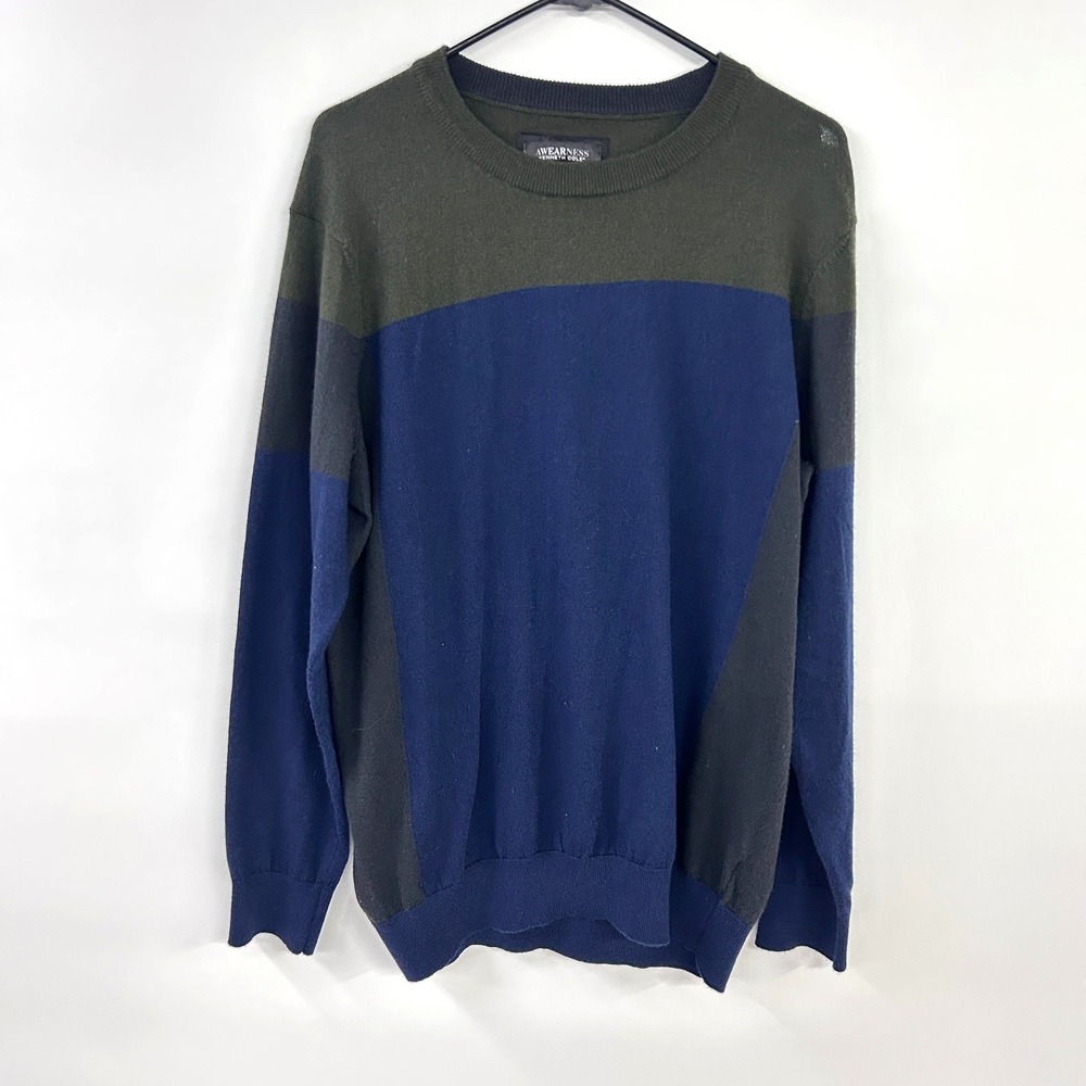 Merino‎ Wool Colorblock Slim Fit Sweater Mens Large Blue Preppy Lightweight